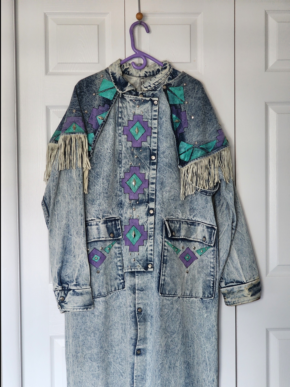 Vintage TRAIL DUSTER Denim Leather Fringe with Teal  Purple Accents 25" PTP - Picture 7 of 16